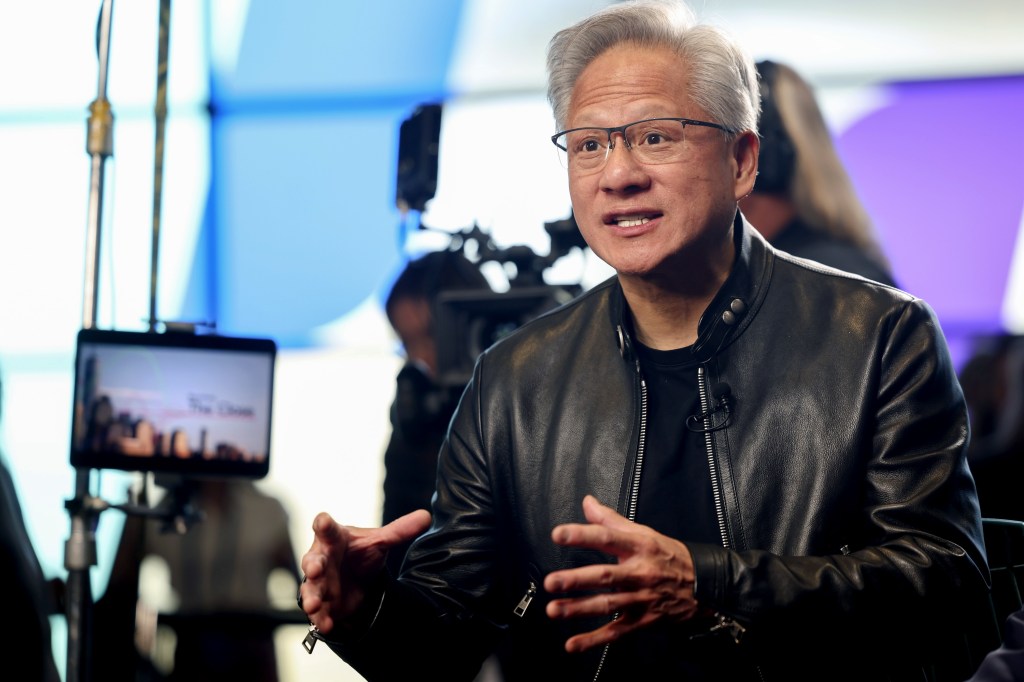 Jensen Huang, chief executive officer of Nvidia Corp., speaks during a Bloomberg Television interview on the sidelines of the Dell Technologies World Annual Convention event in Las Vegas, Nevada, US, on Monday, May 18, 2026. Dell Technologies Inc. said it added 1,000 customers for a key AI product line in the past quarter as the company tries to capture business from traditional large businesses taking on new artificial intelligence workloads. Photographer: Ian Maule/Bloomberg
